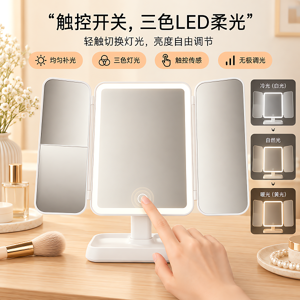 （SM616）三折LED化妆镜台式
